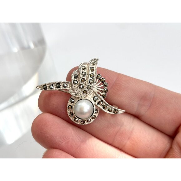 Marcasite Faux Button Pearl Abstract Art Deco Sterling Vintage Brooch Pendant - Picture 7 of 10